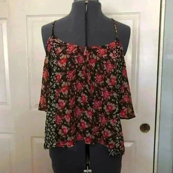 INTO SHEER BLACK RED FLOWER THIN STRAP BLOUSE TOP BEST FIT MEDIUM - Picture 1 of 6